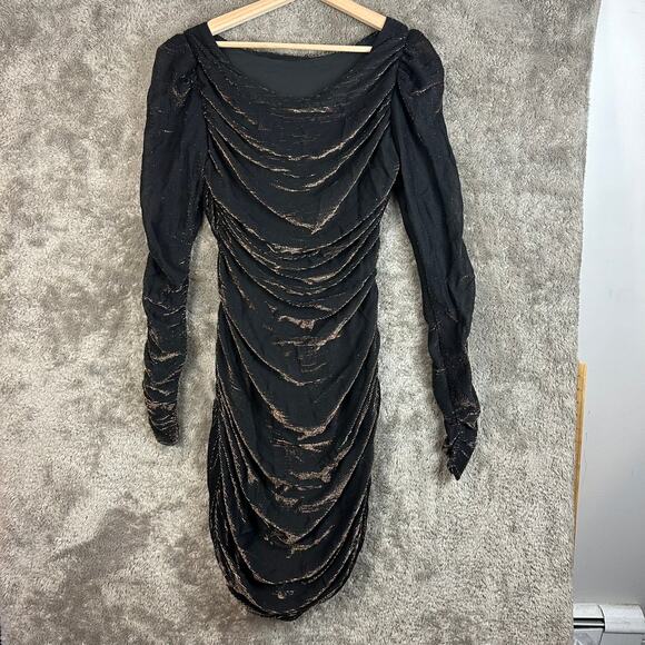 Vintage 80s Ruched Black Gold Metallic Mini Dress Long Sleeve Sheath Size 7 8 - Picture 2 of 12